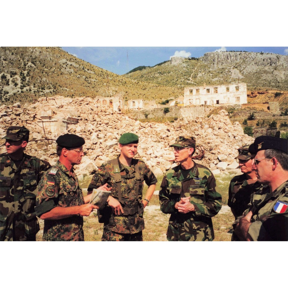 Vintage 1990s SFOR Bosnia Multinational Officers Rubble Site Named Photo - Picture 1 of 1